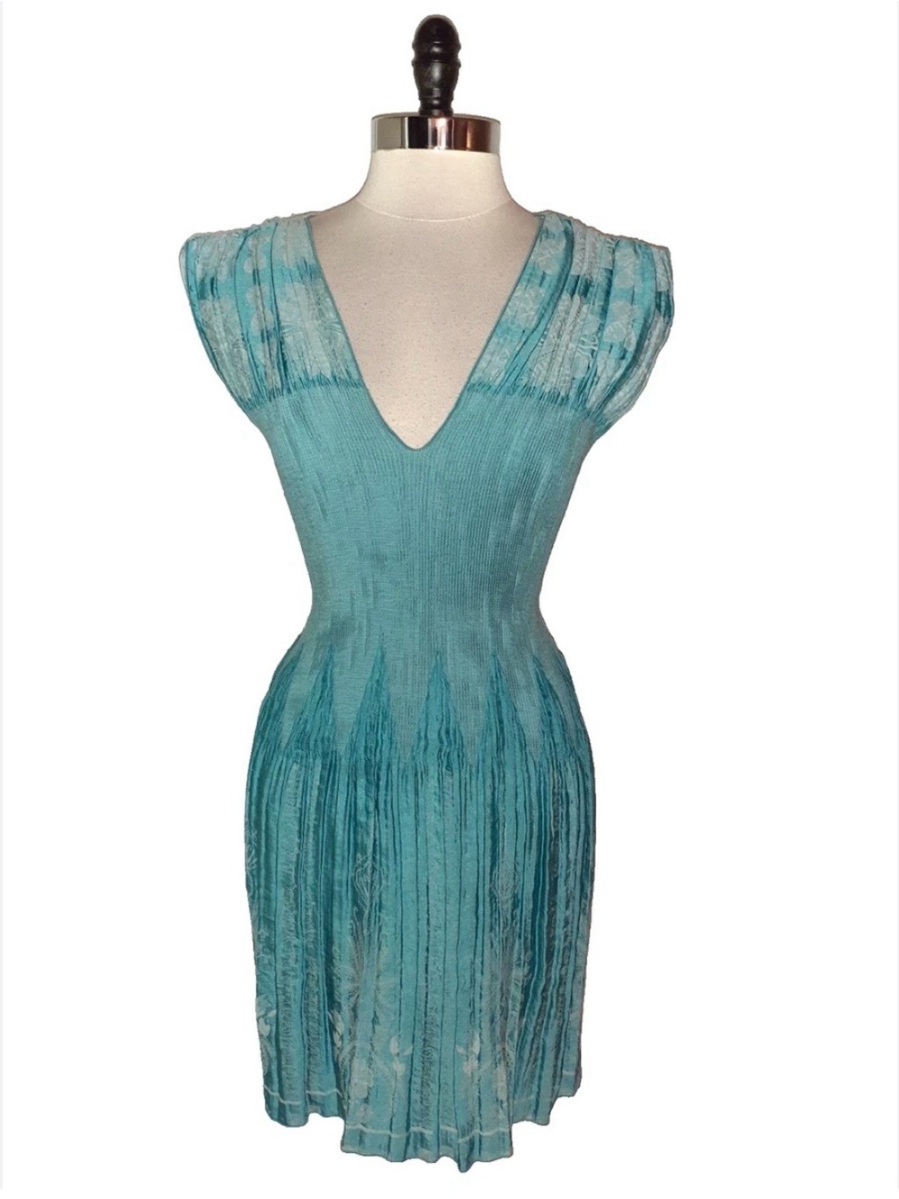 Max Edition Aqua V-Neck Pleated Knit Dress
